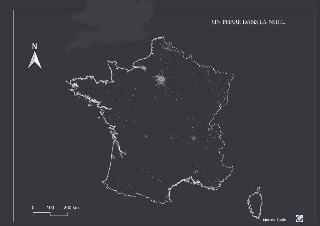 Carte de France stylisée sur fond sombre représentant la répartition de l'éclairage nocturne par commune, titrée Un phare dans la nuit