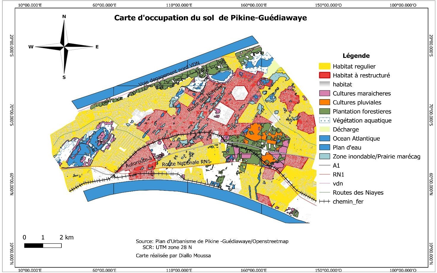 Carte d'occupation du sol de Pikine-Guédiawaye au Sénégal, avec légende habitat, cultures, plantations forestières et infrastructures