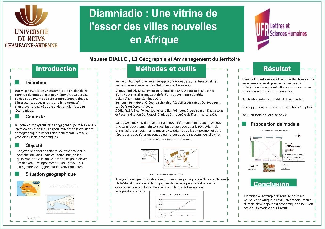 Poster de recherche universitaire sur la ville nouvelle de Diamniadio au Sénégal, avec cartes d'occupation du sol en méthodes et outils
